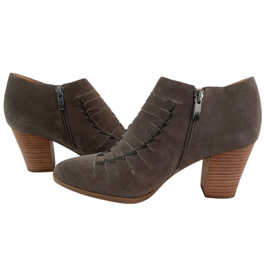 Franco Sarto Dean‎ Taupe Suede Woven Ankle Booties Block Heel Womens 10M